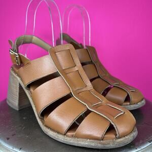 Freda Salvador Julieta Brown Leather Fisherman Stacked Heel Sandal US 8.5